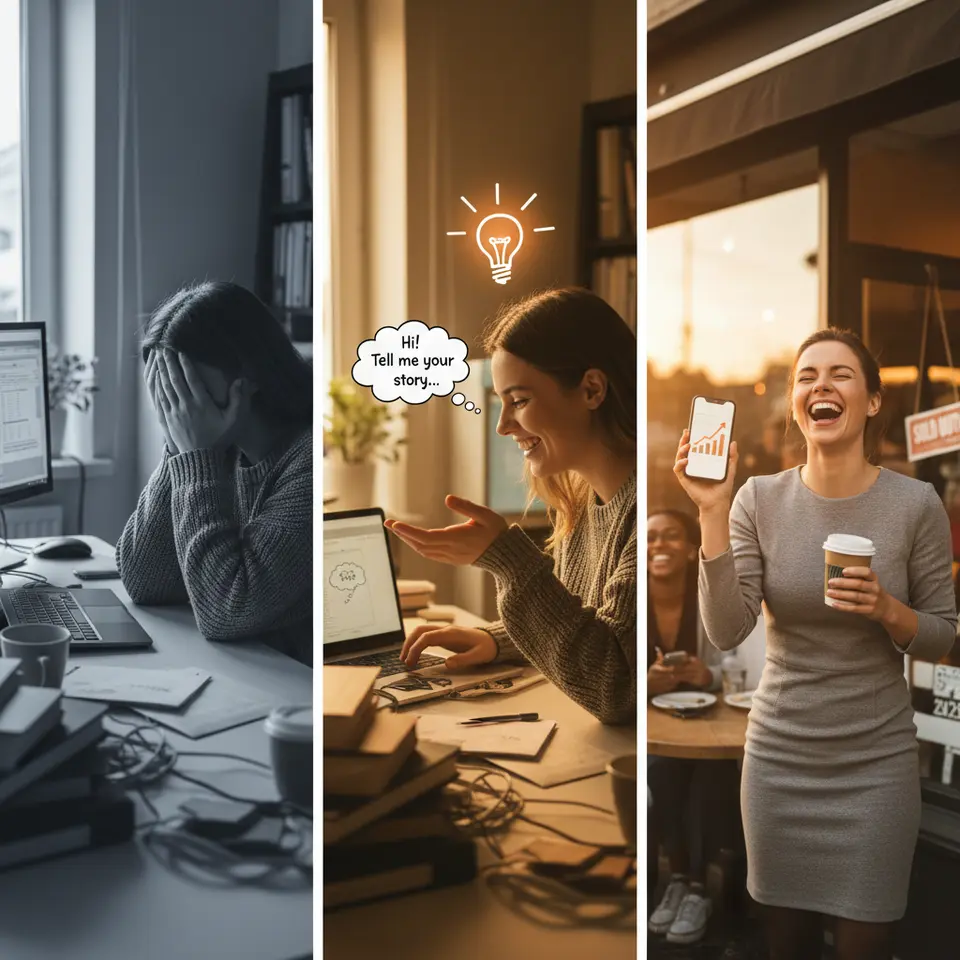 Weaving Stories for Emotional Engagement: A three-panel narrative illustration showing a relatable protagonist (e.g., Maria, a small business owner) starting at a low point overwhelmed by outdated strategies, moving through a turning point where conversational copywriting techniques spark change, and ending with her celebrating a measurable success—complete with simple, emotive facial expressions and visual story arc elements (challenge, turning point, resolution).