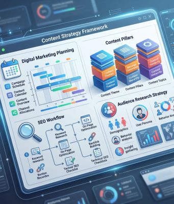 Content Strategy Framework Explained: Your Ultimate Guide Content Strategy Framework concept illustration showing digital marketing planning, content pillars, SEO workflow, and audience research strategy on a modern dashboard.
