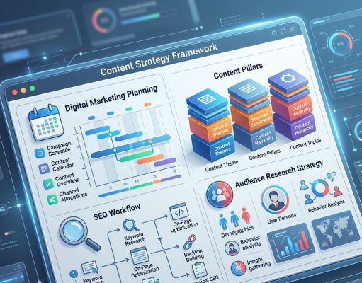 Content Strategy Framework Explained: Your Ultimate Guide Content Strategy Framework concept illustration showing digital marketing planning, content pillars, SEO workflow, and audience research strategy on a modern dashboard.