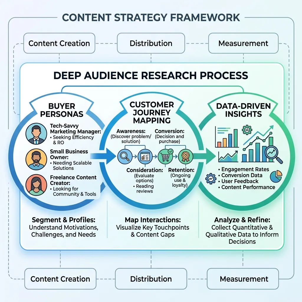Deep audience research process diagram showing buyer personas, customer journey mapping, and data-driven insights for Content Strategy Framework