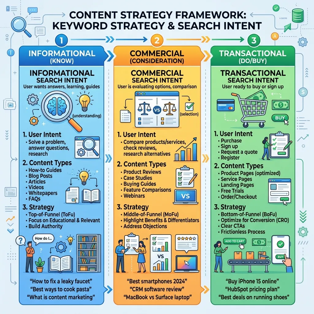 Keyword strategy and search intent visualization showing informational, commercial, and transactional search categories in Content Strategy Framework.”