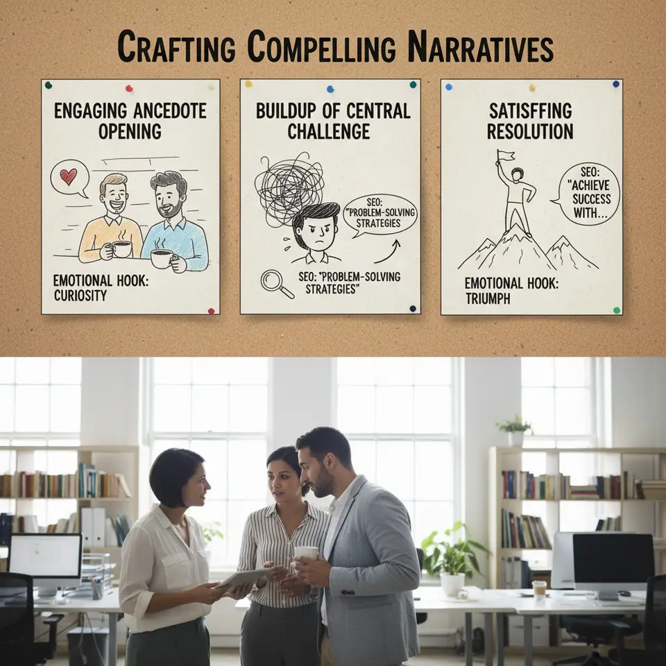 Crafting Compelling Narratives – a storyboard-style illustration showing a blog post’s narrative arc: an engaging anecdote opening, buildup of a central challenge, and a satisfying resolution, with visual callouts for emotional hooks and key SEO messages
