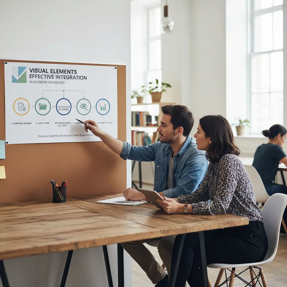 Using Visual Elements Effectively – an infographic that maps out the workflow of media integration in a blog: compressing images, assigning descriptive filenames, writing keyword-rich alt text, embedding charts/infographics, and ensuring accessibility tags