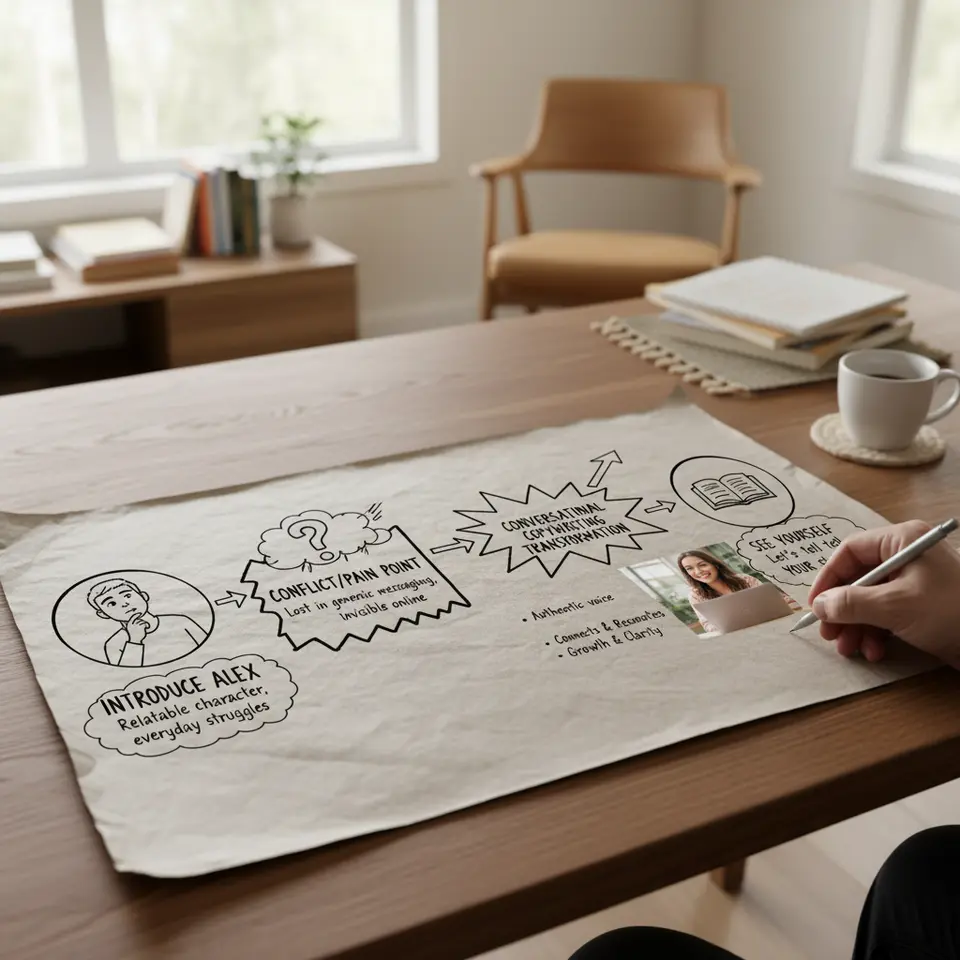A visual storytelling flowchart illustrating the narrative arc: introduce a relatable character (e.g., “Alex”), highlight their conflict or pain point, show the transformation achieved through conversational copywriting, then close with a prompt inviting the reader to see themselves in the story